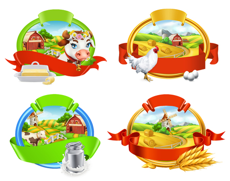 Farm Label set. Cow and milk, butter, chicken and eggs 3d vector for packingのイラスト素材