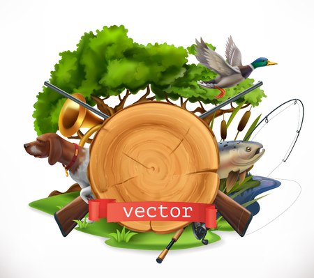 Hunting and fishing with nature, fish and ducks. 3d vector emblemのイラスト素材