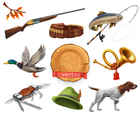 Hunting set. Shotgun, dog, duck, fishing, horn, hat, knife. 3d vector iconのイラスト素材