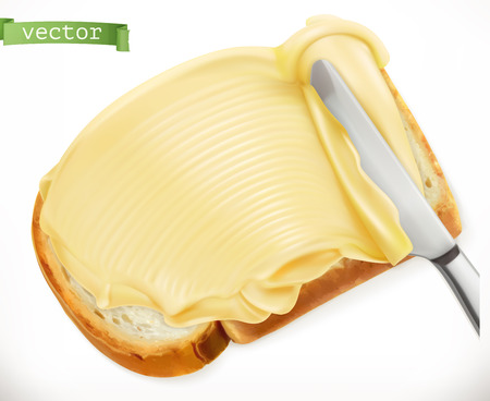 Knife and butter on bread on 3d realistic vector iconのイラスト素材
