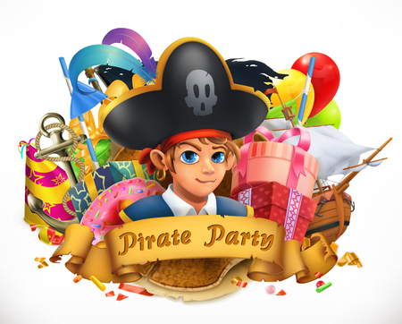 Pirate party. Children holiday 3d vector emblemのイラスト素材