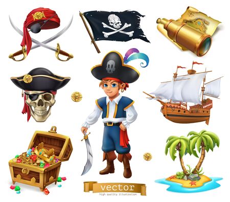Pirates set of Boy, treasure chest, map, flag, ship, island on 3d cartoon vector iconのイラスト素材
