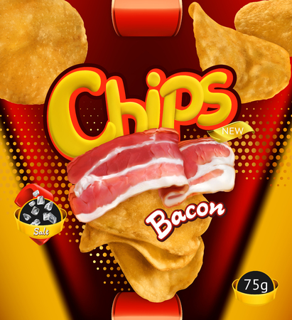Potato chips of Bacon flavor. Design packaging, 3d vector templateのイラスト素材