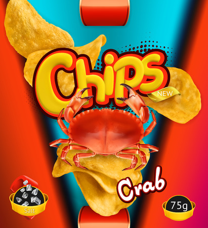 Potato chips of Crab flavor. Design packaging, 3d vector templateのイラスト素材