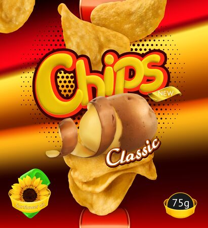 Potato chips. Design packaging, 3d vector templateのイラスト素材