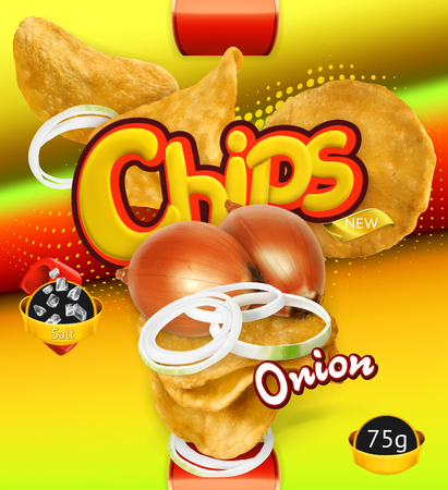 Potato chips. Onion flavor. Design packaging, 3d vector templateのイラスト素材