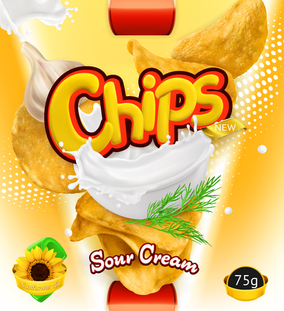 Potato chips of Sour Cream flavor. Design packaging, 3d vector templateのイラスト素材