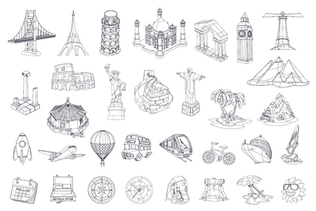 Travel, tourist attraction. vector icon setのイラスト素材