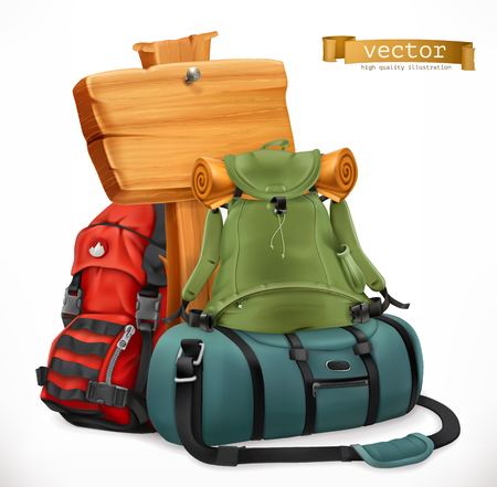 Tourist backpack and bag, Travel, 3d vector iconのイラスト素材
