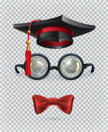 Square academic cap, mortarboard, glasses and bow tie. 3d vector icon setのイラスト素材