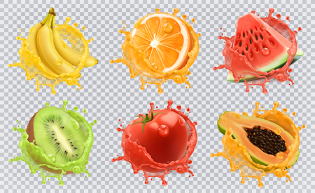 Orange, kiwi fruit, banana, tomato, watermelon, papaya juice. Fresh fruits and splashes, 3d vector icon setのイラスト素材