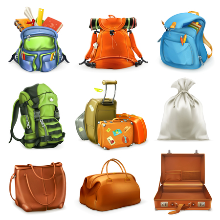 Bags set. Backpack, schoolbag, suitcase, sack, 3d vector iconのイラスト素材