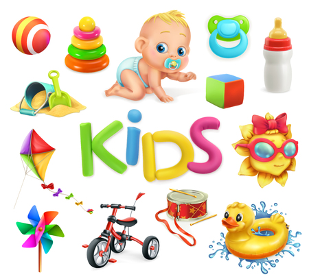 Kids and toys. Children playground, 3d vector illustration.