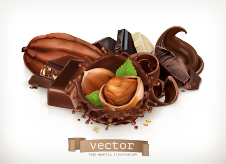 Chocolate bars and pieces hazelnut and chocolate splash. Realistic illustration, 3d vector icon.のイラスト素材