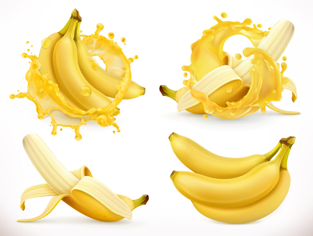 Banana juice. Fresh fruit and splash, 3d realistic vector iconのイラスト素材