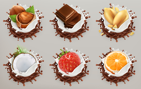 Fruit, berries and nuts. Milk and chocolate splashes, ice cream. 3d vector icon setのイラスト素材