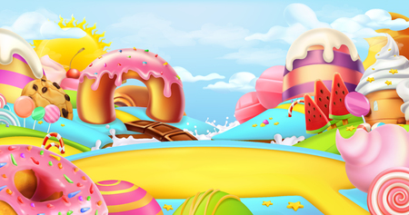Glade in a candy land. Sweet landscape, 3d vector panoramaのイラスト素材