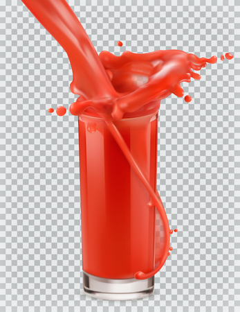 Glass of red juice and a splash. Tomato, Strawberries. 3d realism, vector iconのイラスト素材