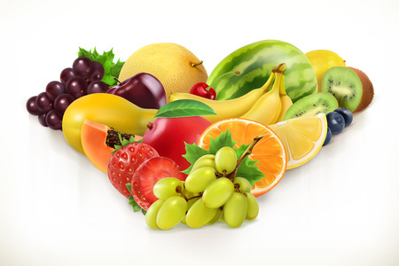 Grapes and juicy fruits, 3d realism, vector illustrationのイラスト素材