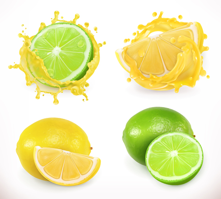 Lemon and lime juice. Fresh fruit, 3d vector iconのイラスト素材