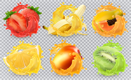 Mango, banana, kiwi fruit, strawberry, lemon, papaya juice. Fresh fruits and splashes, 3d realistic vector icon setのイラスト素材