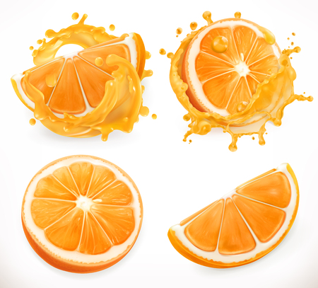 Orange juice. Fresh fruit and splashes. 3d realism, vector icon setのイラスト素材