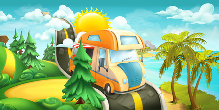 Road to clouds, sea and forest. Nature landscape 3d vector panoramaのイラスト素材