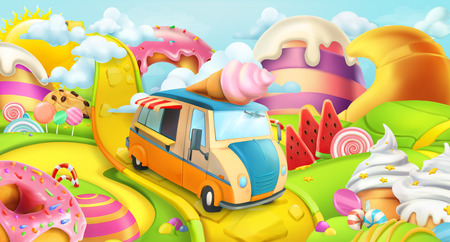 Sweet candy land. Ice cream truck. 3d vector backgroundのイラスト素材