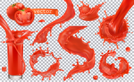 Red paint splash. Tomato, Strawberries. 3d realistic vector icon setのイラスト素材