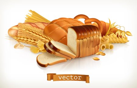 Carbohydrates. Bread, pasta, wheat, cereals. 3d vector illustrationのイラスト素材