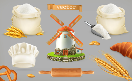 Flour. Mill, wheat, bread, chef hat. 3d vector icon setのイラスト素材