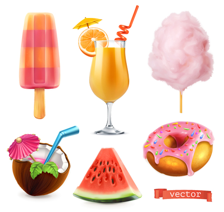 Summer, sweet food. Ice cream, orange juice, cotton candy, cocktail, watermelon, donut. 3d realistic vector icon setのイラスト素材