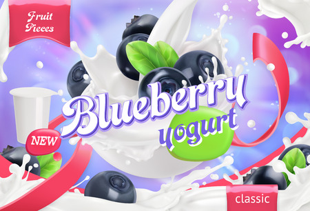 Blueberry yogurt. Fruits and milk splashes. 3d realistic vector package designのイラスト素材