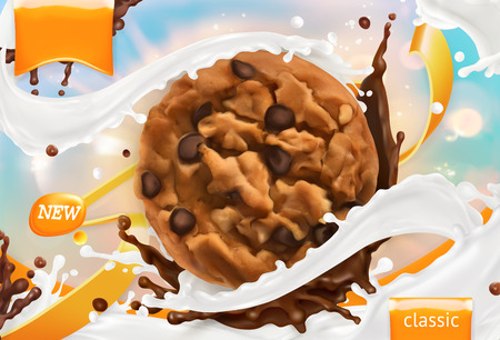 Chocolate cookies. White milk splash. 3d realistic vector, package designのイラスト素材