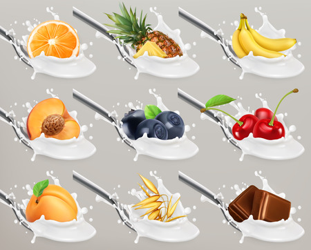 Fruit and berries yogurt. Milk splash. 3d realistic vector icon setのイラスト素材