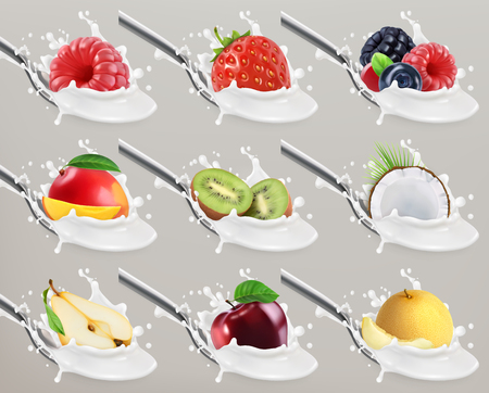 Fruit and berries yogurt. Milk splash. 3d realistic vector icon setのイラスト素材
