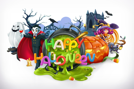 Happy Halloween. Pumpkin, cat, witch, vampire, crypt and lettering, 3d vector emblemのイラスト素材