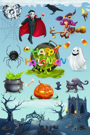 Happy Halloween. Pumpkin, spider, cat, witch, vampire and cemetery landscape, 3d vector icon setのイラスト素材