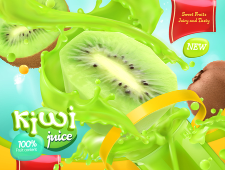 Kiwi juice. Sweet fruits. 3d realistic vector, package designのイラスト素材