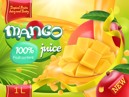 Mango juice. Sweet tropical fruits. 3d realistic vector, package designのイラスト素材