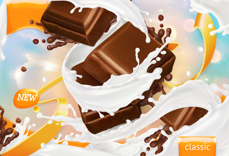 Milk and chocolate. White cream splash. 3d realistic vector, package designのイラスト素材