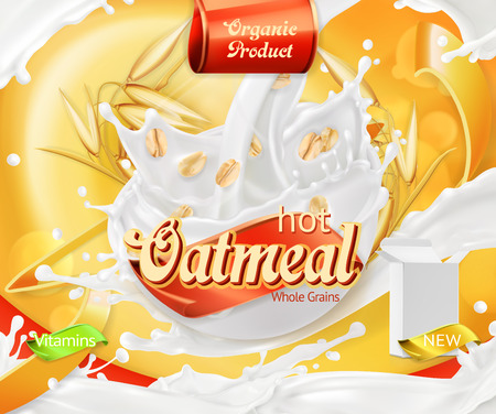 Oatmeal. Oat grains and milk splashes. 3d realistic vector, package designのイラスト素材