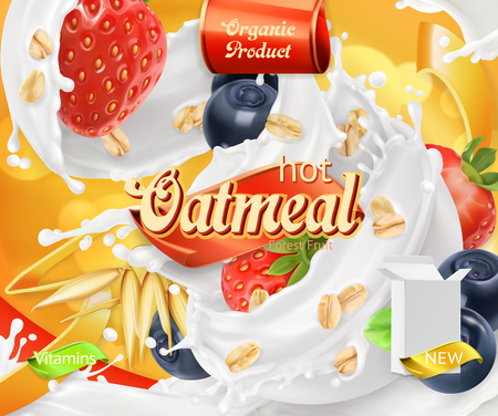Oatmeal. Oat grains, strawberry, blueberry and milk splashes. 3d realistic vector, package designのイラスト素材