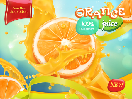 Orange juice. Sweet fruits. 3d realistic vector, package designのイラスト素材