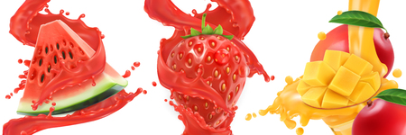 Splash of juice. Watermelon, strawberry, mango, summer fruits and berries. 3d realistic vector icon setのイラスト素材