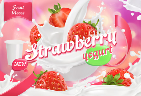 Strawberry yogurt. Fruits and milk splashes. 3d realistic vector package designのイラスト素材