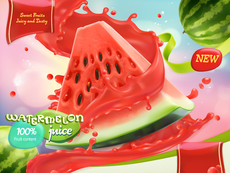 Watermelon juice. Sweet fruits. 3d realistic vector, package designのイラスト素材