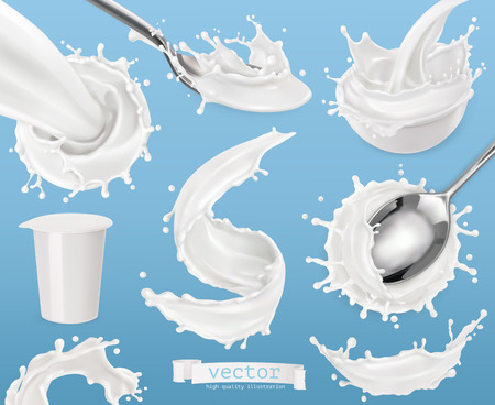 Yogurt, milk splashes. 3d vector element set. Package designのイラスト素材