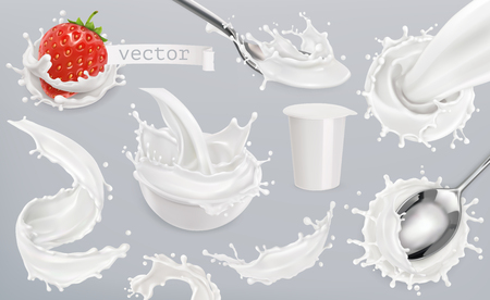 Yogurt, milk splashes. Set 3d vector elements, package designのイラスト素材