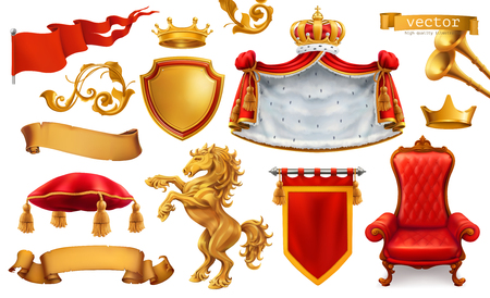 Gold crown of the king. Royal chair, mantle, pillow.のイラスト素材